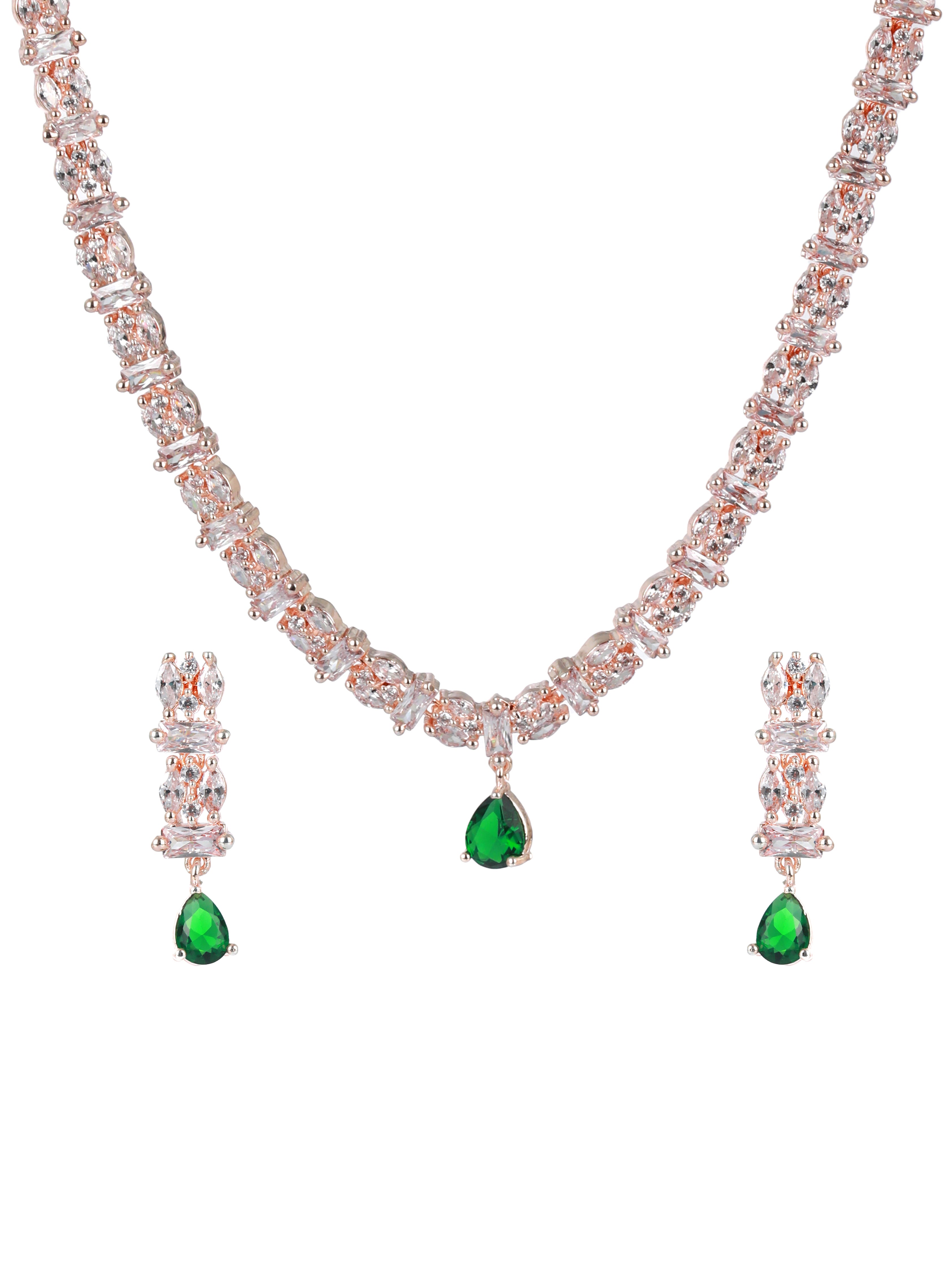 Rose Gold-Plated Green American Diamond & Cz-Studded Jewellery Set