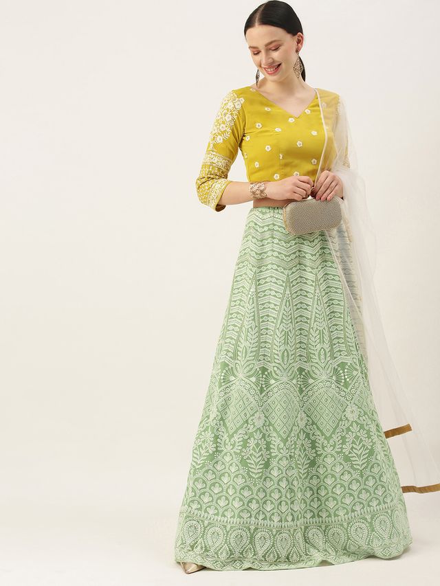 Bollywood Vogue Ready To Wear Green Viscose N Yellow Georgette Kali Lehenga