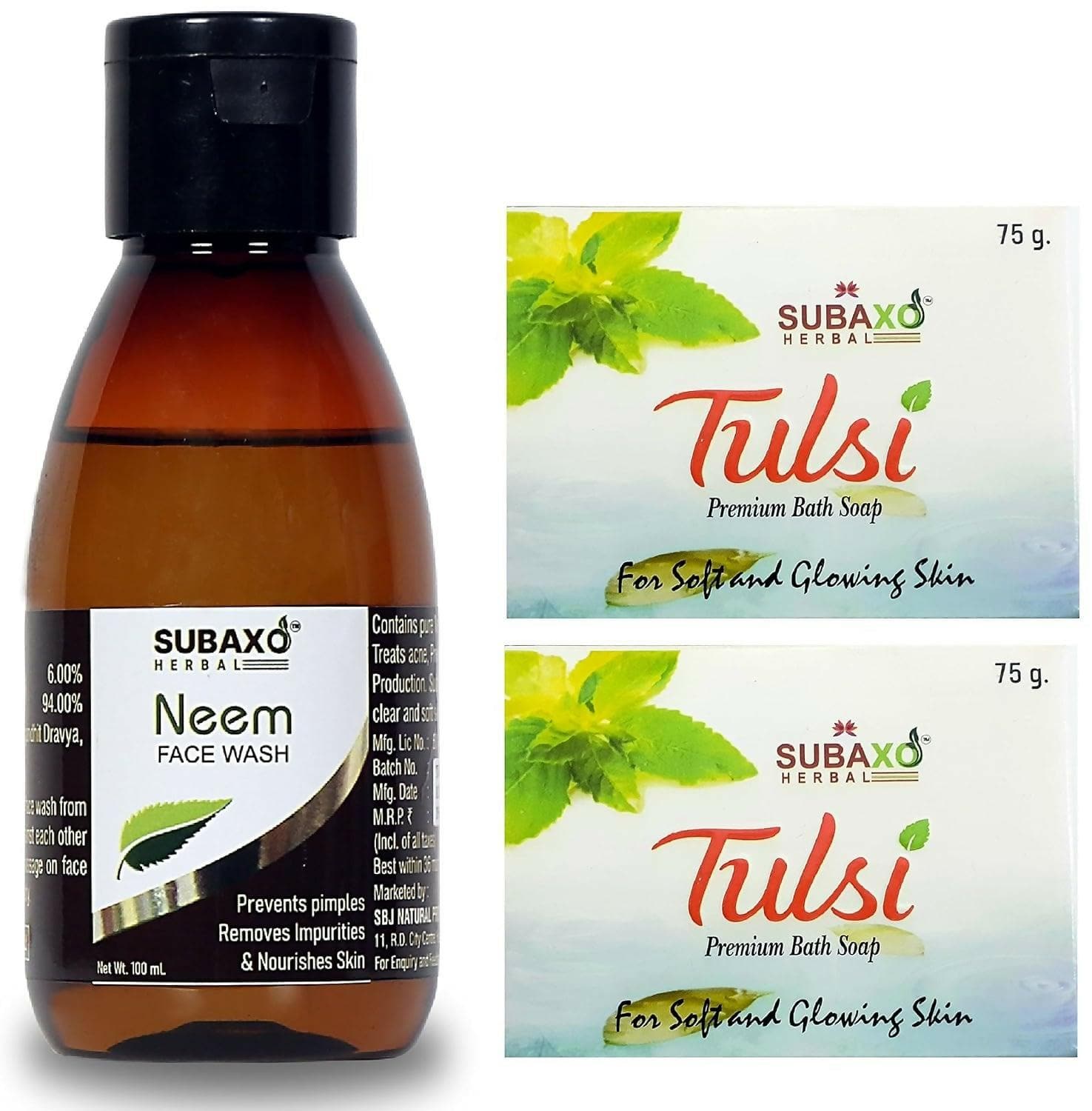 Subaxo Tulsi Bath Soap (75 g Each, Pack Of 2) & Neem Herbal Face Wash (100ml,Combo) - HalfPe