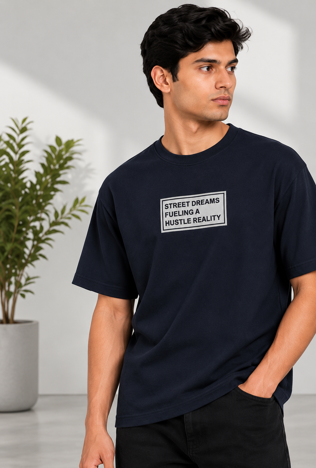 HUSTLE Men's Crew Neck Oversized T-Shirt – Navy Blue