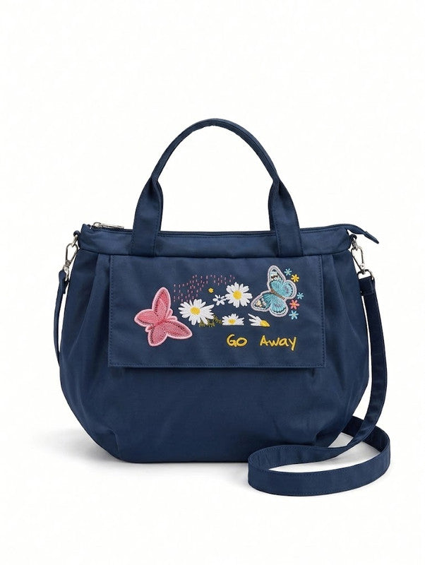 Buddy Cares Women Floral & Butterfly Embroidered Shoulder Bag | Adjustable Crossbody Strap – Navy Blue – Buddy Cares