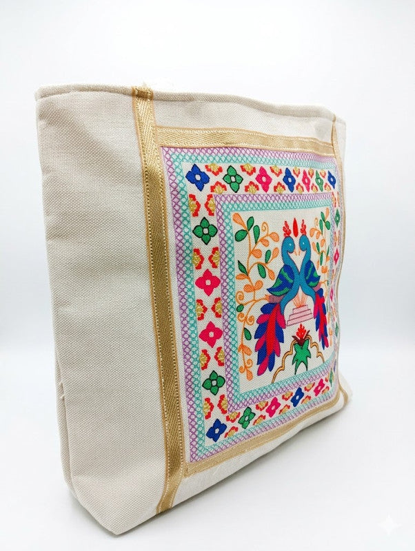 Buddy Cares Jute Tote Bag: Peacock Embroidery Print, Zipper, Cream & Gold Border – Default Title – view 5 – Buddy Cares