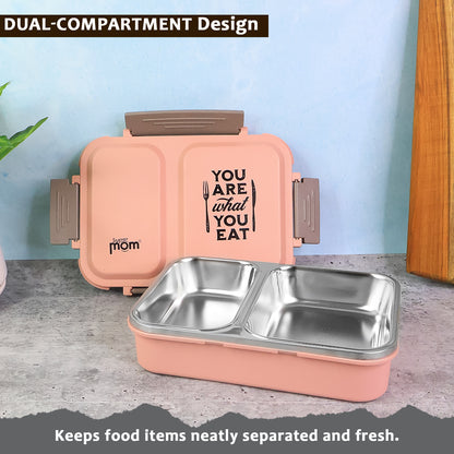 Supermom 2 Partition Stainless Steel Lunch Box with Double Wall Leak Proof Lunch Container with 2 Compartments f
