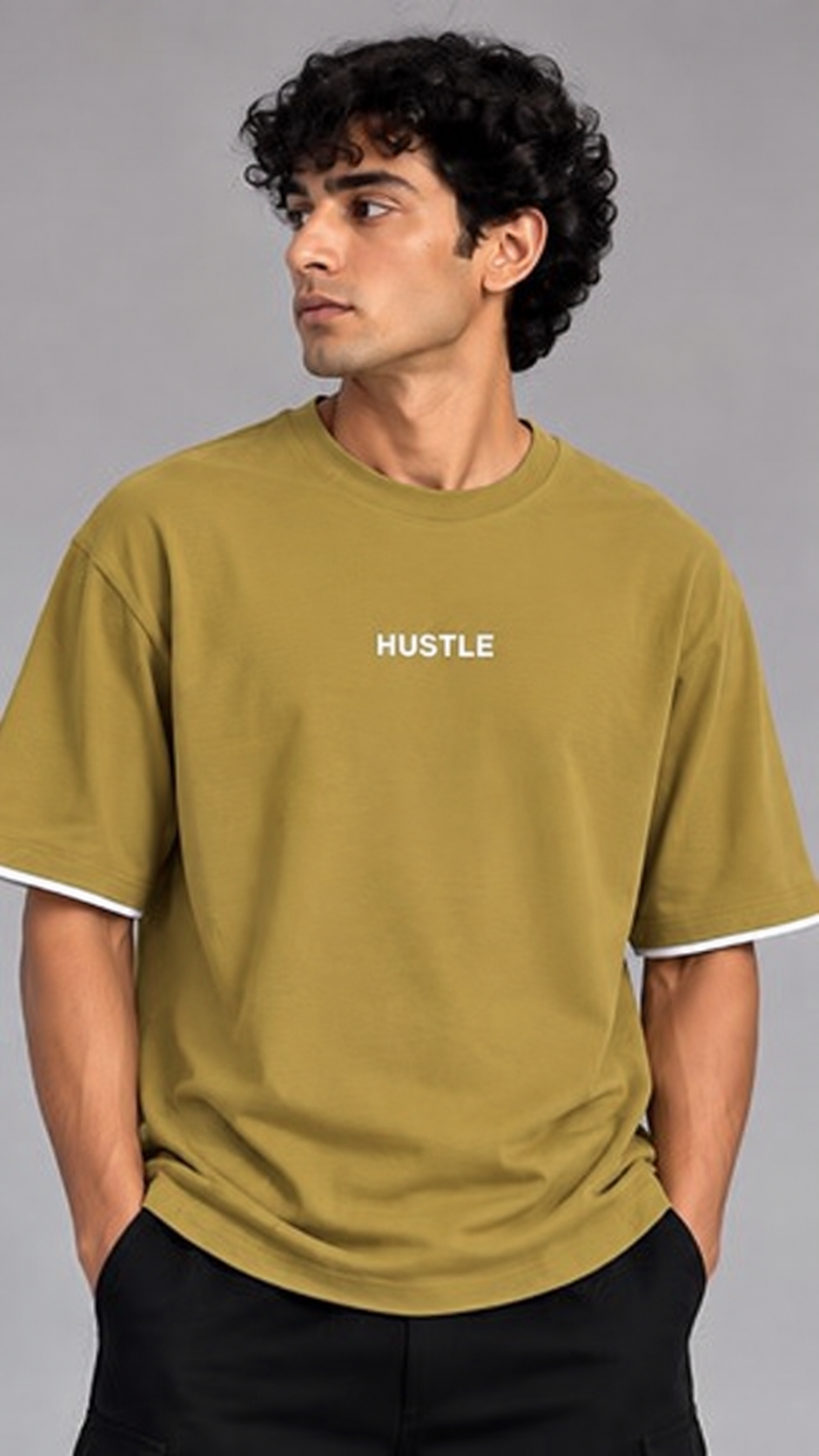 HUSTLE Men's Crew Neck Oversized T-Shirt – Golden Olive