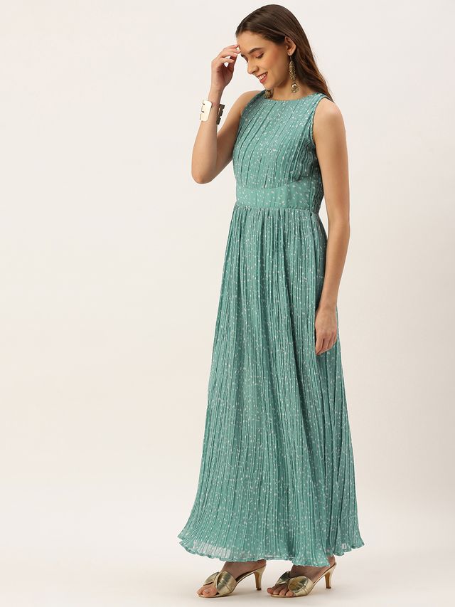 Bollywood Vogue Ready To Wear Blue N White Printed Pleated Georgette Dress