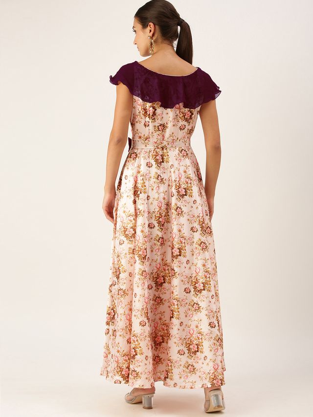 Bollywood Vogue Ready To Wear Pink Taffeta Digital Printed N Burgundy Dress