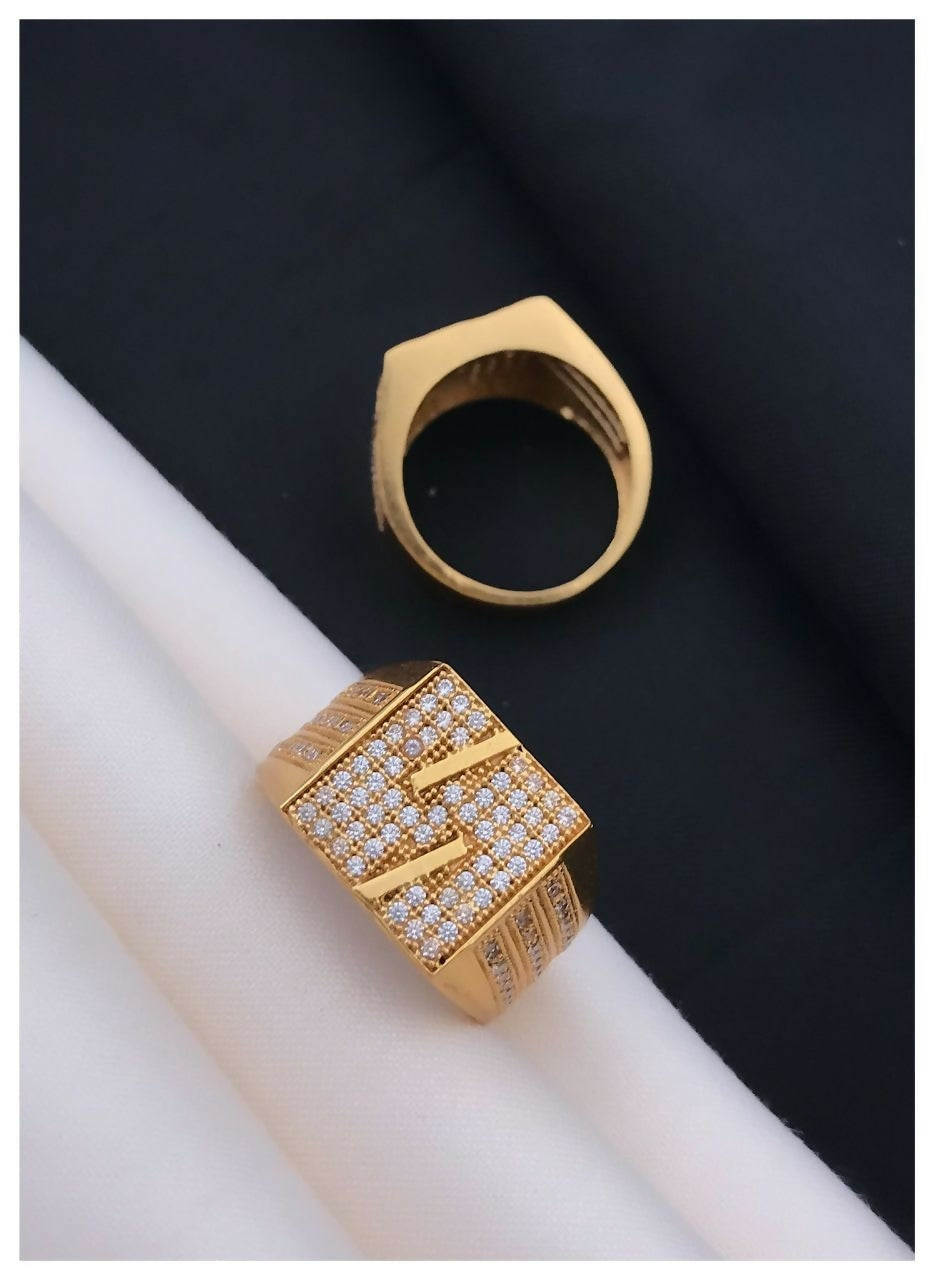 Gold-Plated Rectangular Signet Ring with Pavé Zirconia Accents MAITRY ENTERPRISE