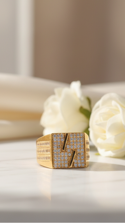 Gold-Plated Rectangular Signet Ring with Pavé Zirconia Accents MAITRY ENTERPRISE