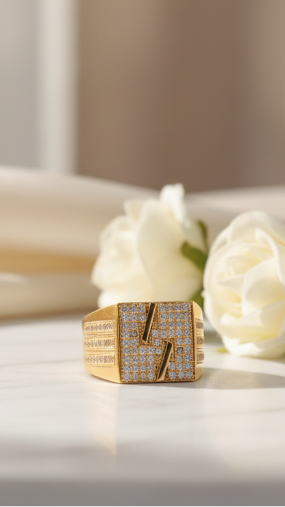 Gold-Plated Rectangular Signet Ring with Pavé Zirconia Accents MAITRY ENTERPRISE