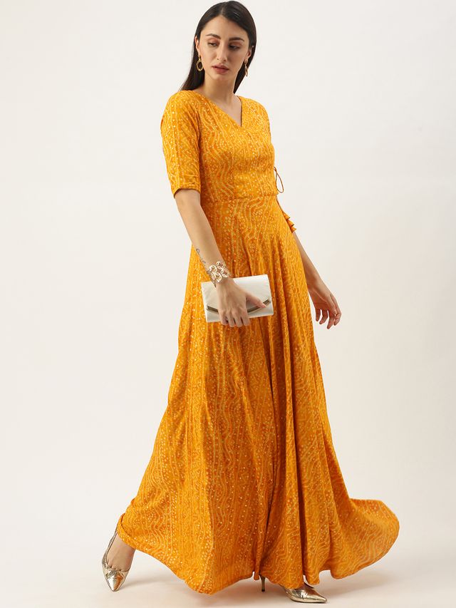 Bollywood Vogue Ready To Wear Yellow Printed Angarkha Gown