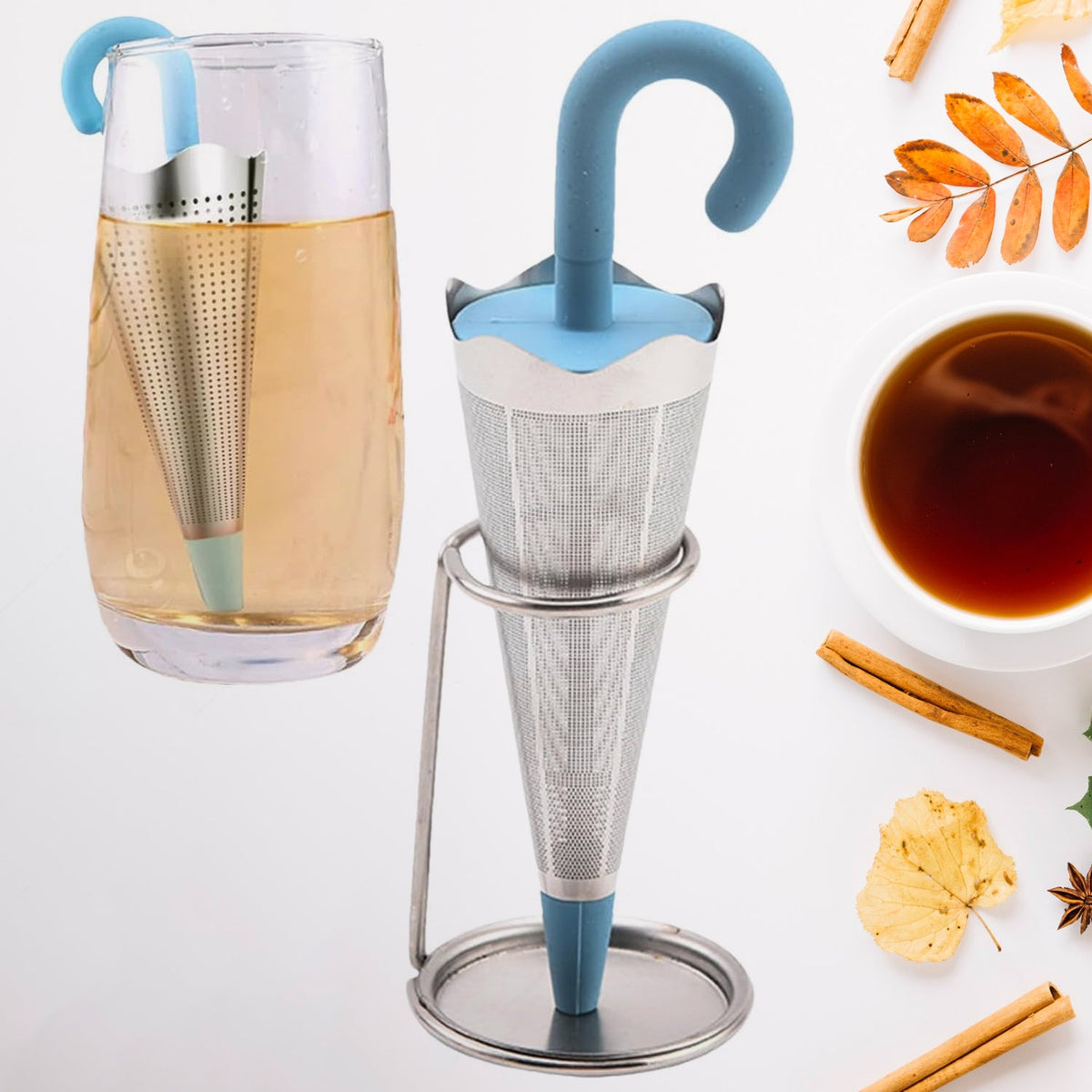 Reusable Cute Umbrella Tea Strainer With Tray  Stand (1 Pc) HP DD