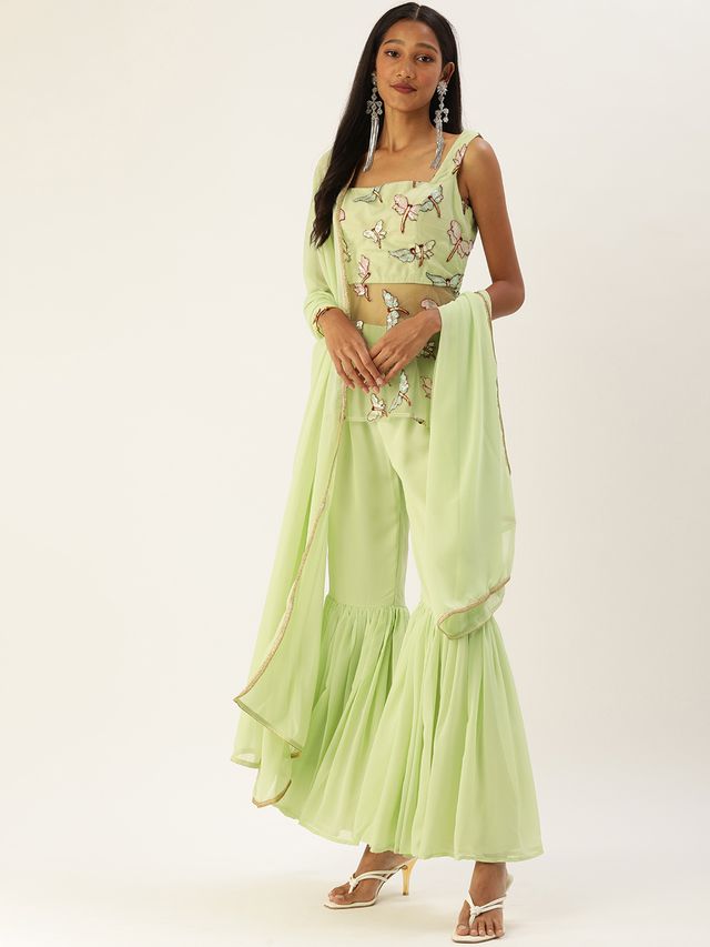 Bollywood Vogue Ready To Wear Green Embroidered Square Neck Gharara Suit
