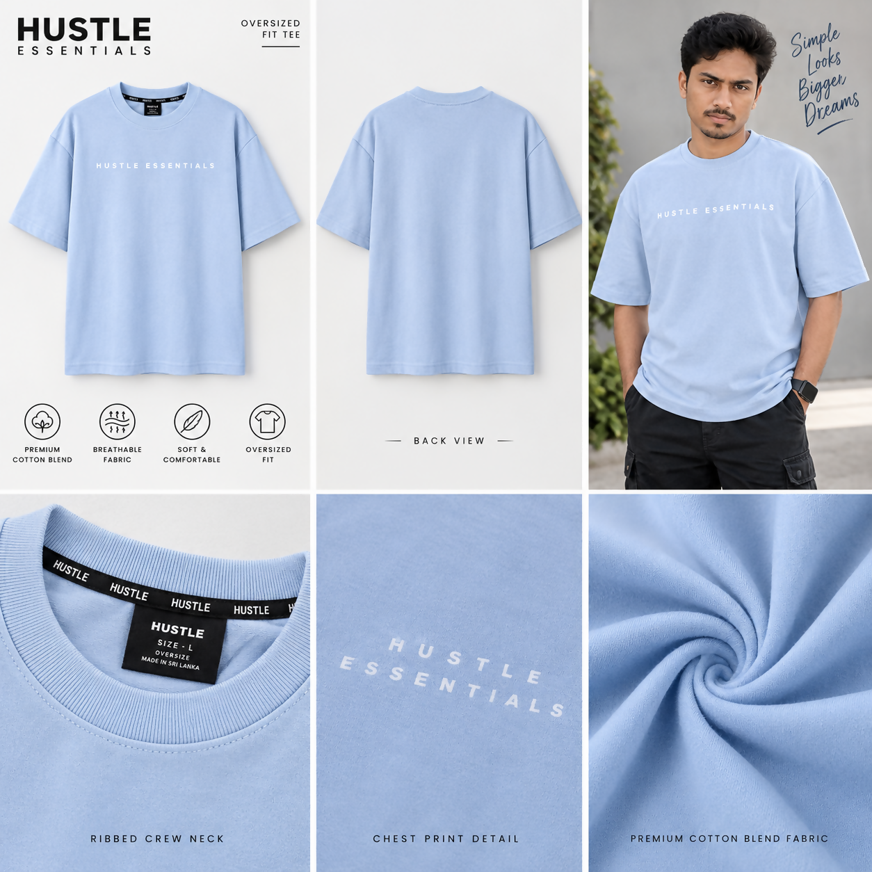 Men's Hustle Essentials Oversized Light Sky Blue T-Shirt | Relaxed Fit Casual Tee
