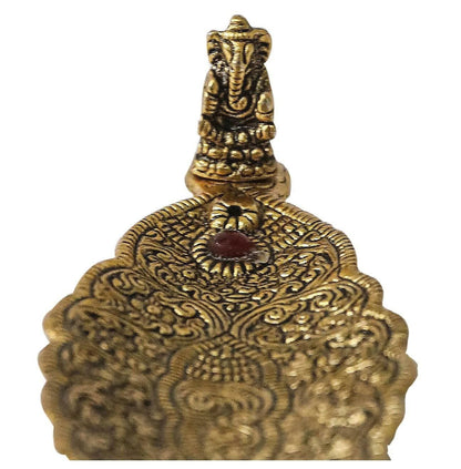 Agarbatti Holder Gold Plated Leaf Pattern with Small Ganesh - HalfPe