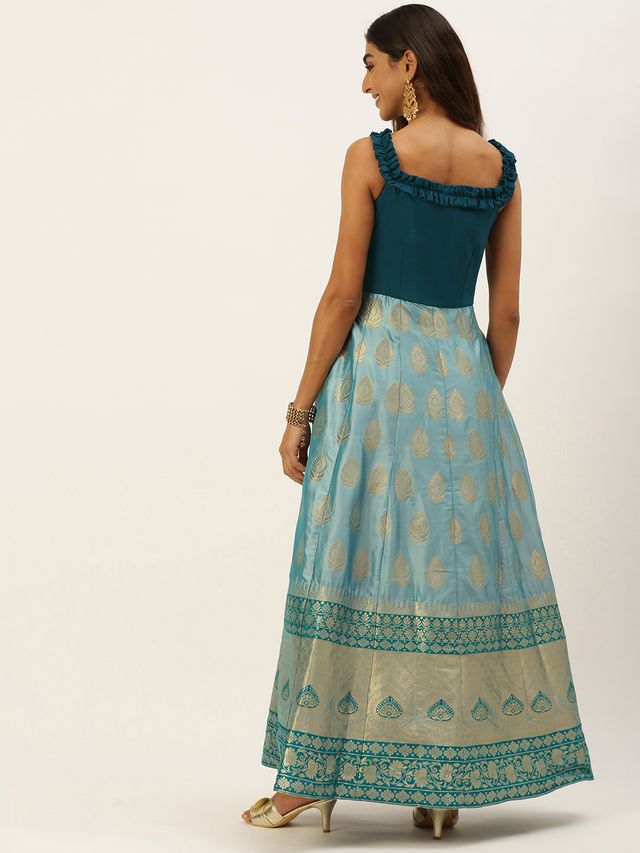 Bollywood Vogue Ready To Wear Blue Jacquard Kali Style Gown