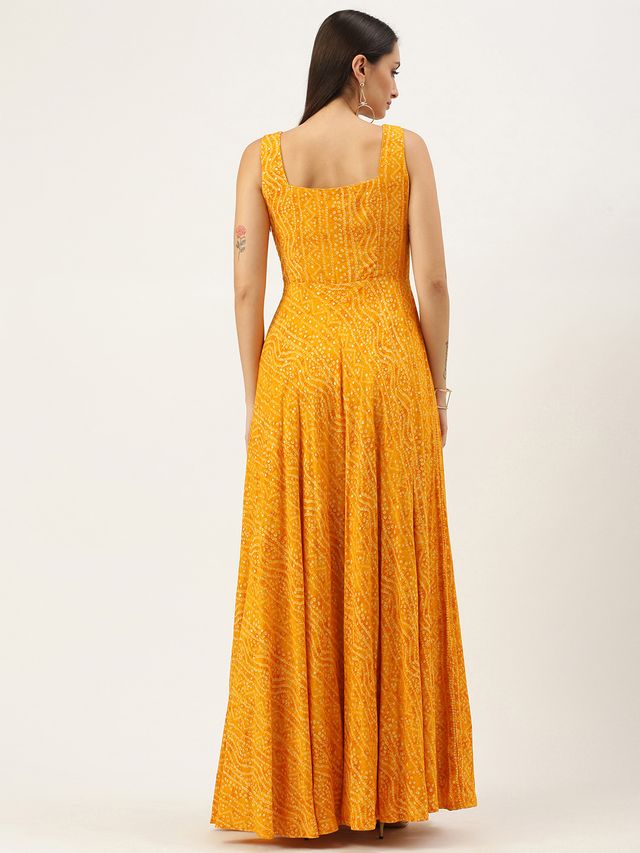 Bollywood Vogue Ready To Wear Yellow Printed Strap Neck Dress