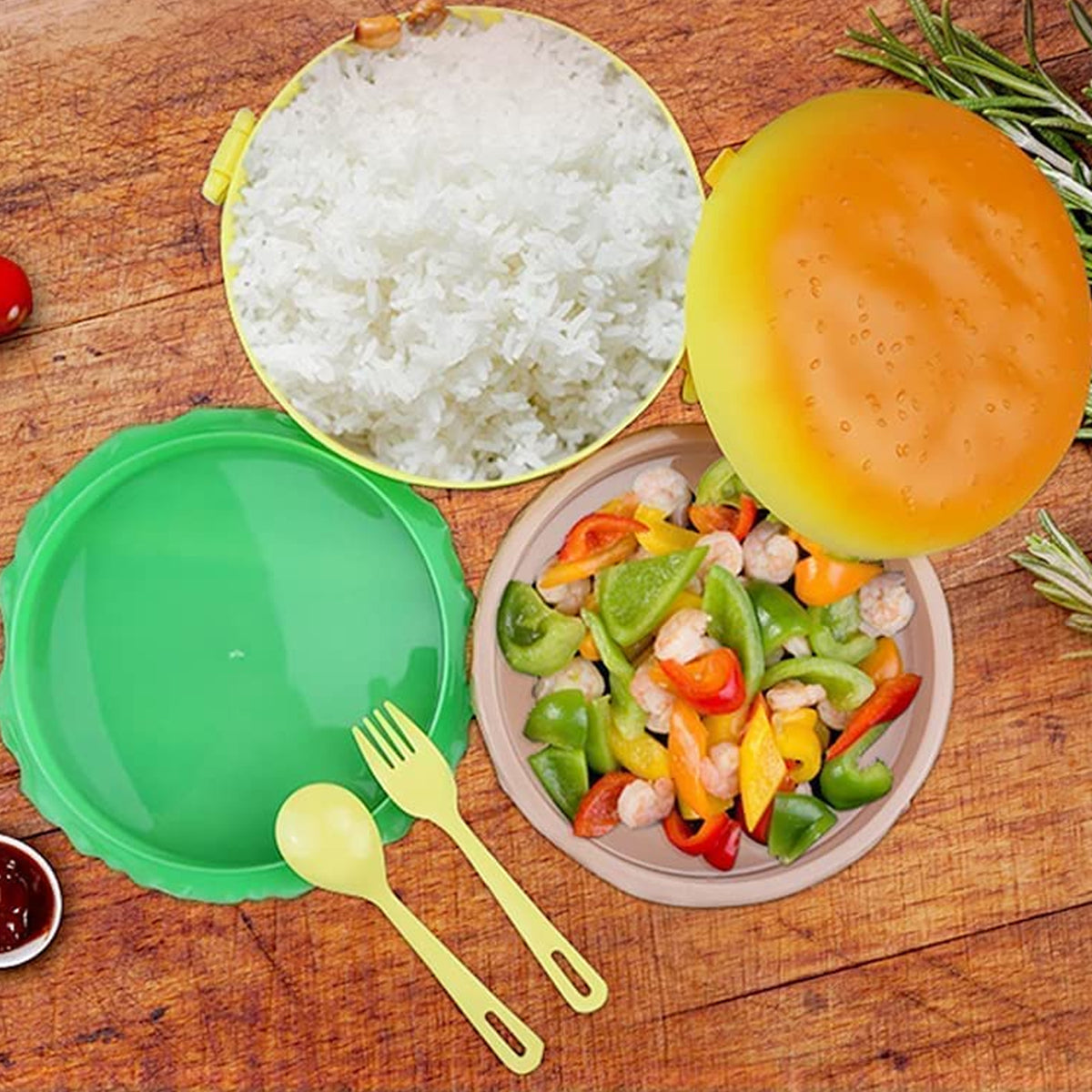 Burger Shape Lunch Box with Double Layer Lunchbox 1000ml With 2 Spoon Applicable To Kids And Elementary School Students