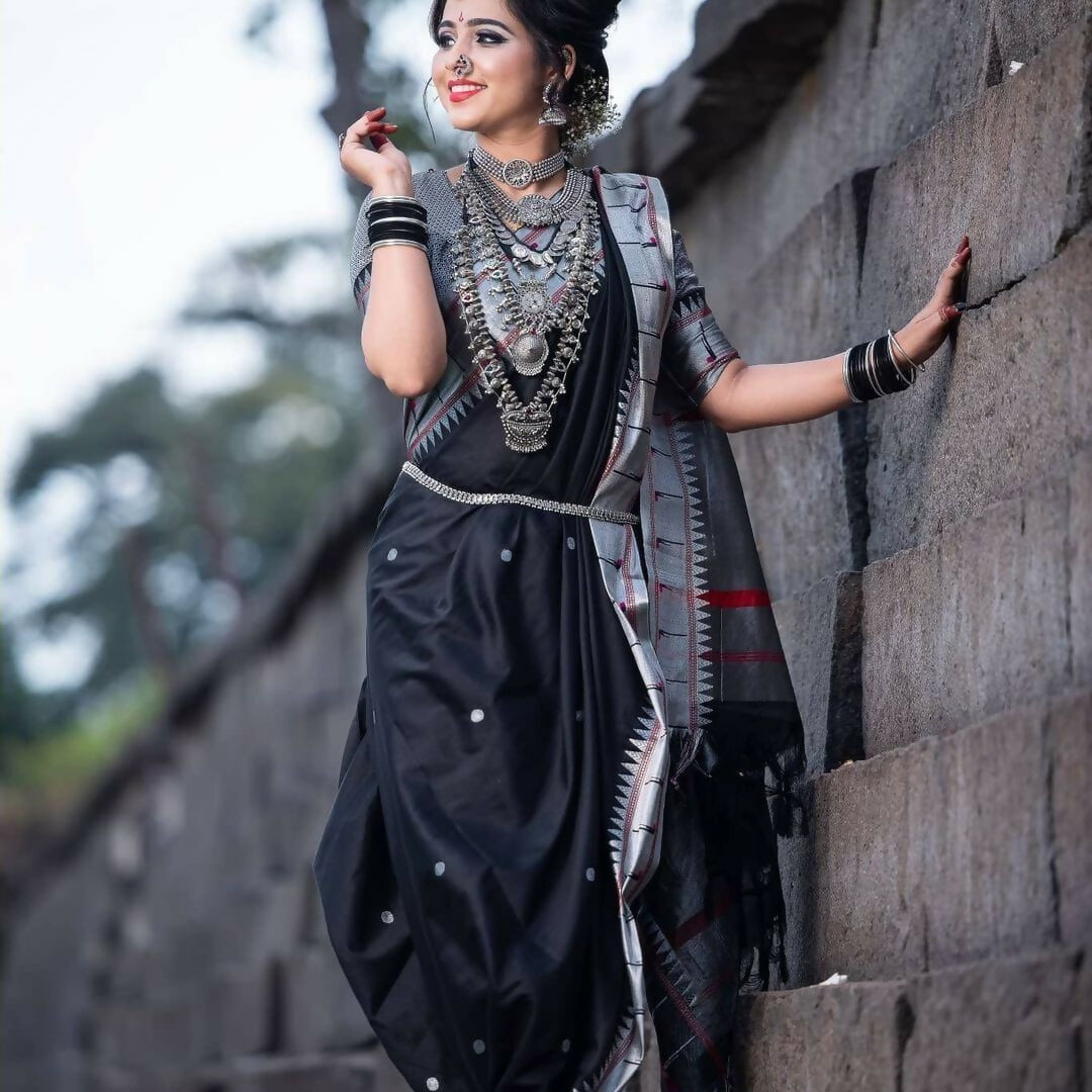 AXONIT Cultural Classic Black Cotton Saree with Elegant Silver Zari Work and Festive Red Border