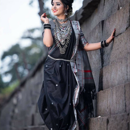 AXONIT Cultural Classic Black Cotton Saree with Elegant Silver Zari Work and Festive Red Border