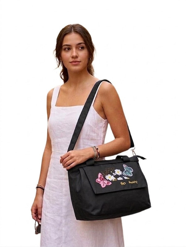 Buddy Cares Women Floral & Butterfly Embroidered Shoulder Bag | Adjustable Crossbody Strap – Black – view 7 – Buddy Cares