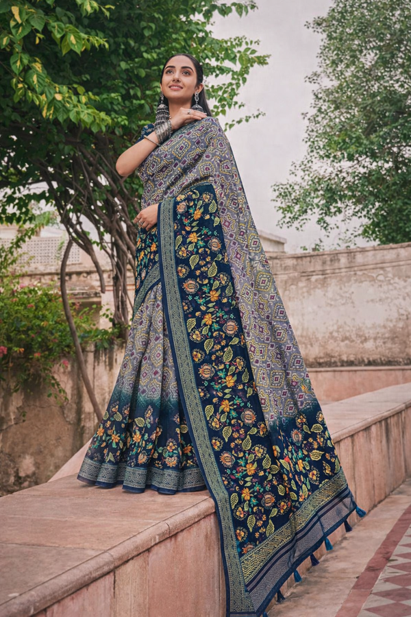 Ethnic Linen Cotton Saree with Bandhani Body and Floral Pallu Kalyani silks and sarees
