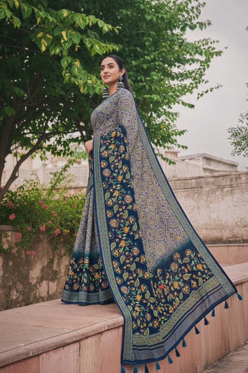 Ethnic Linen Cotton Saree with Bandhani Body and Floral Pallu Kalyani silks and sarees