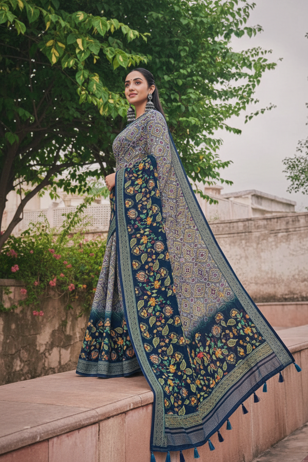 Ethnic Linen Cotton Saree with Bandhani Body and Floral Pallu Kalyani silks and sarees