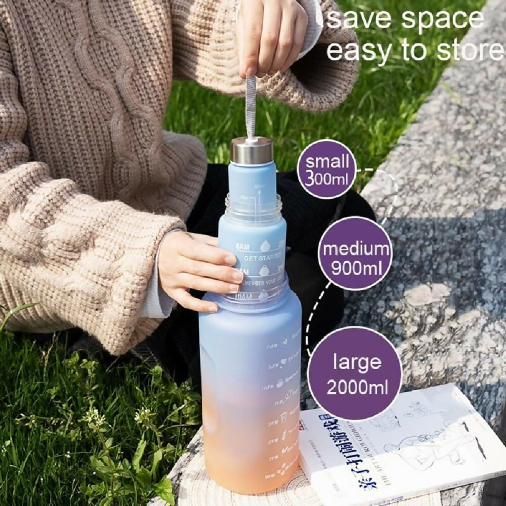 3 in 1 Motivational Water Bottle for health conscious Gym fitness Yoga player with Time Marker (Multicolor)