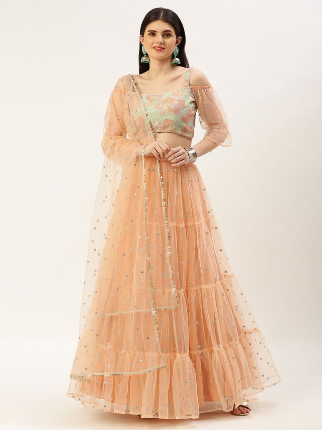 Bollywood Vogue Ready To Wear Multicoloured N Peach Net Embroidered Lehenga