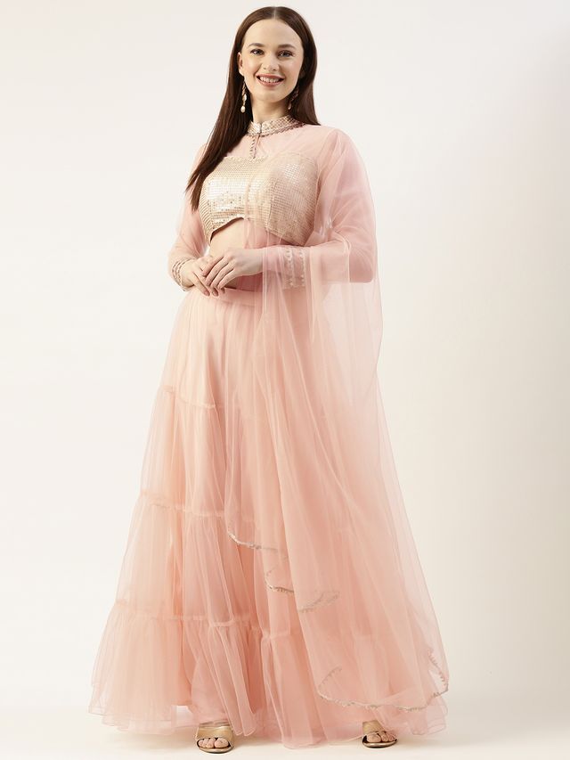 Bollywood Vogue Ready To Wear Beige Sequins Embroidered Tiered Lehenga Set