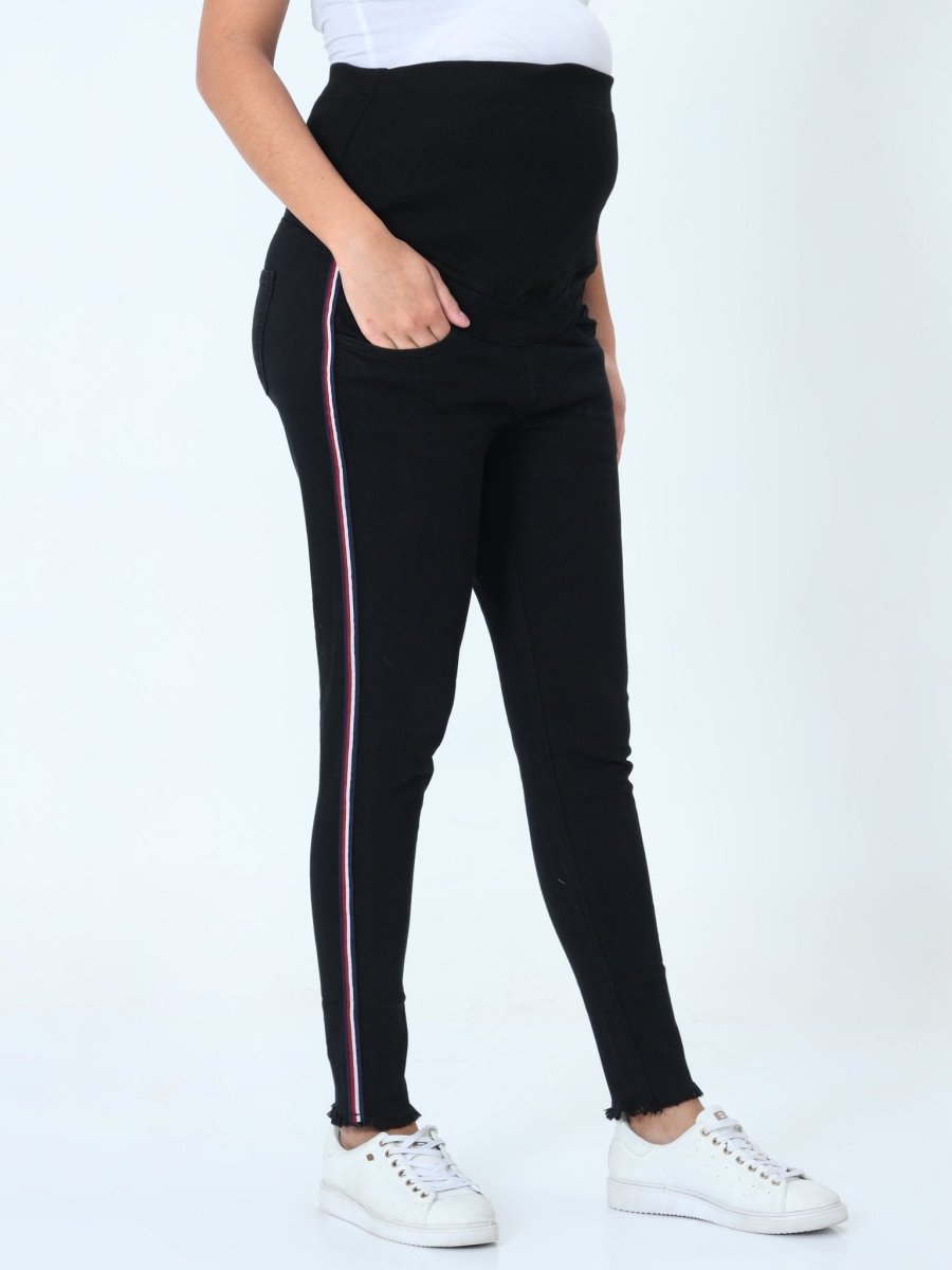 Distress Taped Maternity Denims with Belly Support-Black - MDD-DTBLK-S