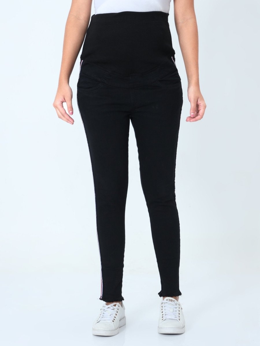 Distress Taped Maternity Denims with Belly Support-Black - MDD-DTBLK-S