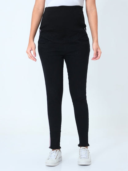 Distress Taped Maternity Denims with Belly Support-Black - MDD-DTBLK-S