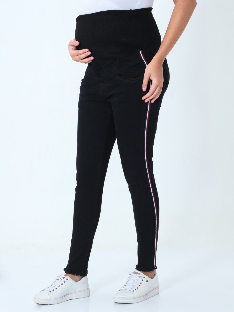 Distress Taped Maternity Denims with Belly Support-Black - MDD-DTBLK-S