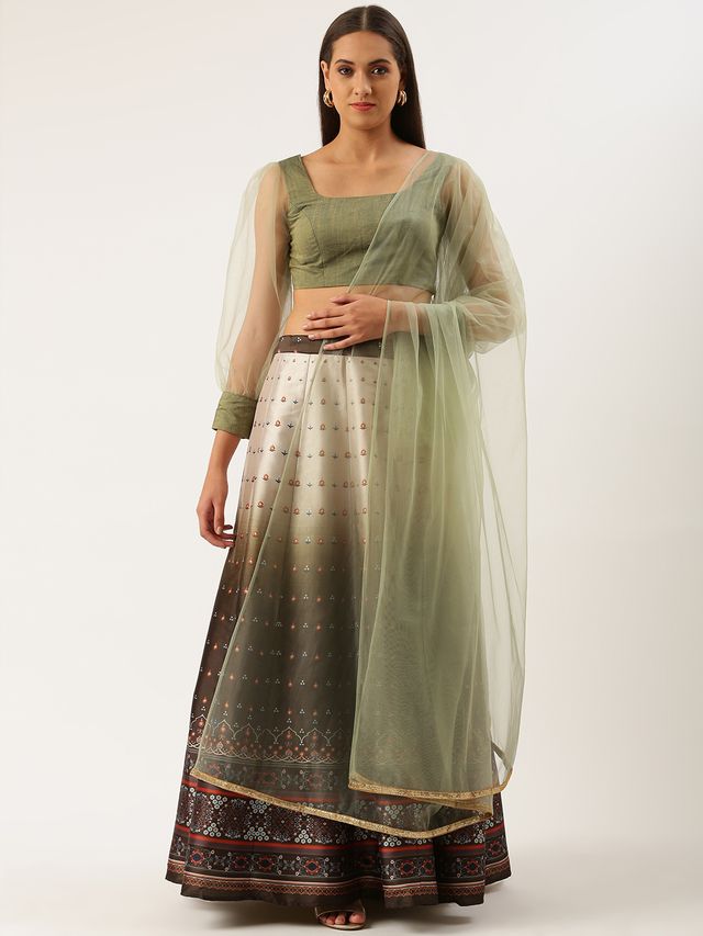 Bollywood Vogue Ready To Wear Green Taffeta Digital Print  Kali Lehenga