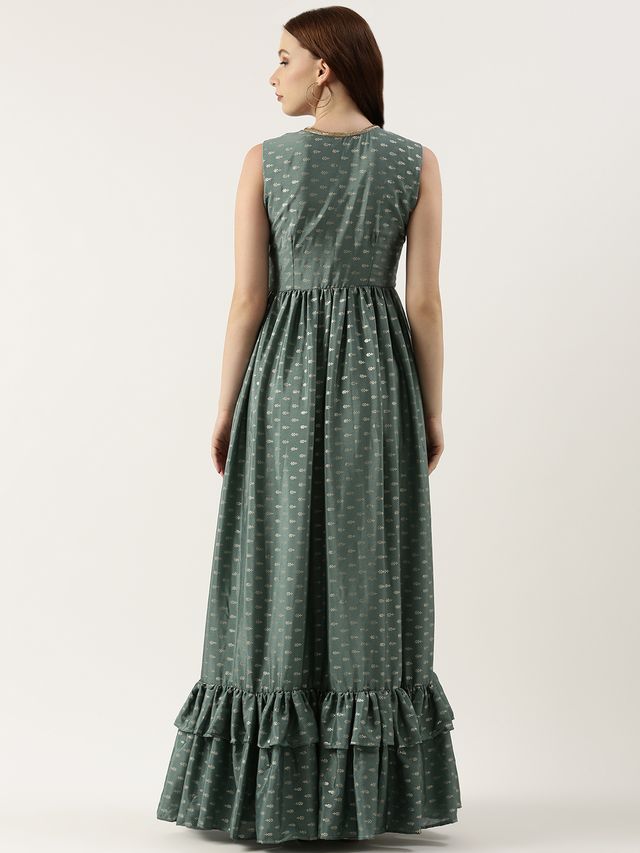 Bollywood Vogue Ready To Wear Green Chinon Foil Print  Gown