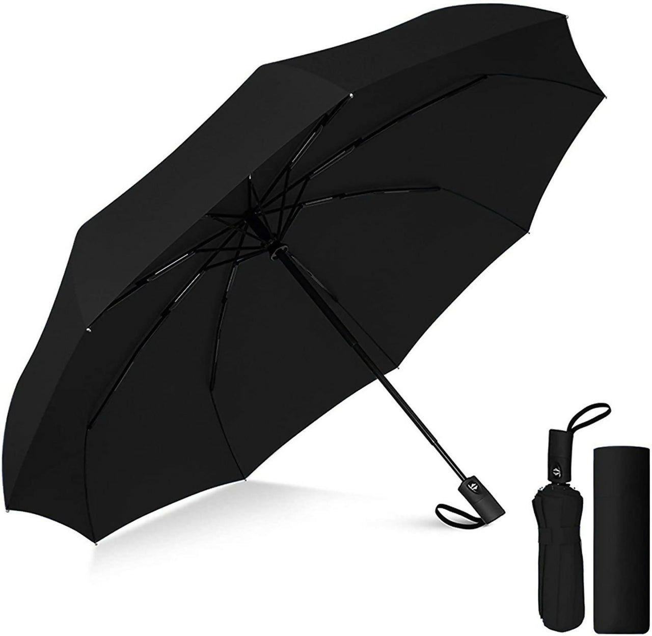 Auto Open Close Umbrella – Compact Black Travel Rain Protection with Ergonomic Handle, Wind‑Resistant Canopy, Protective Case & Carry Sleeve