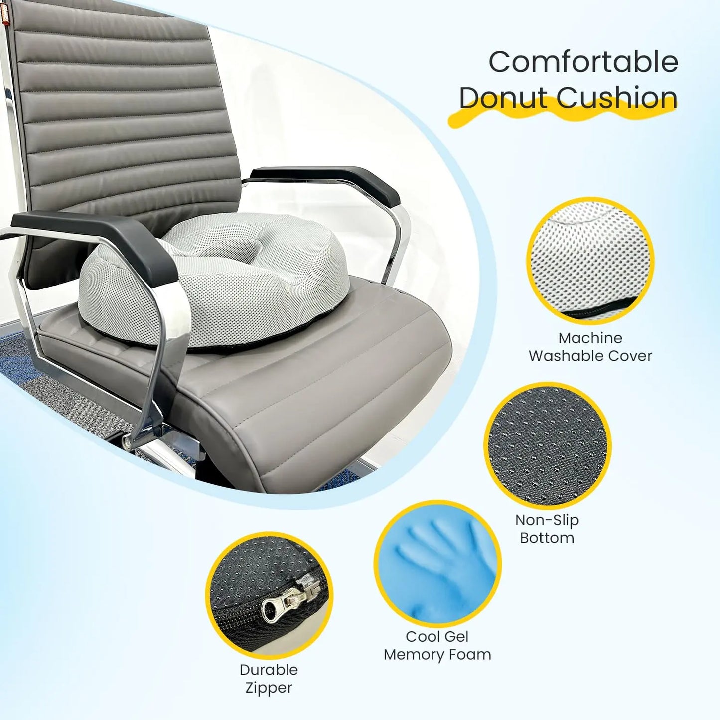 Sleepsia Donut Pillow for Tailbone Pain | Coccyx Seat Cushion for Chair- Car Seat Cushion (Grey,Gel Memory Foam)