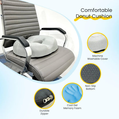 Sleepsia Donut Pillow for Tailbone Pain | Coccyx Seat Cushion for Chair- Car Seat Cushion (Grey,Gel Memory Foam)