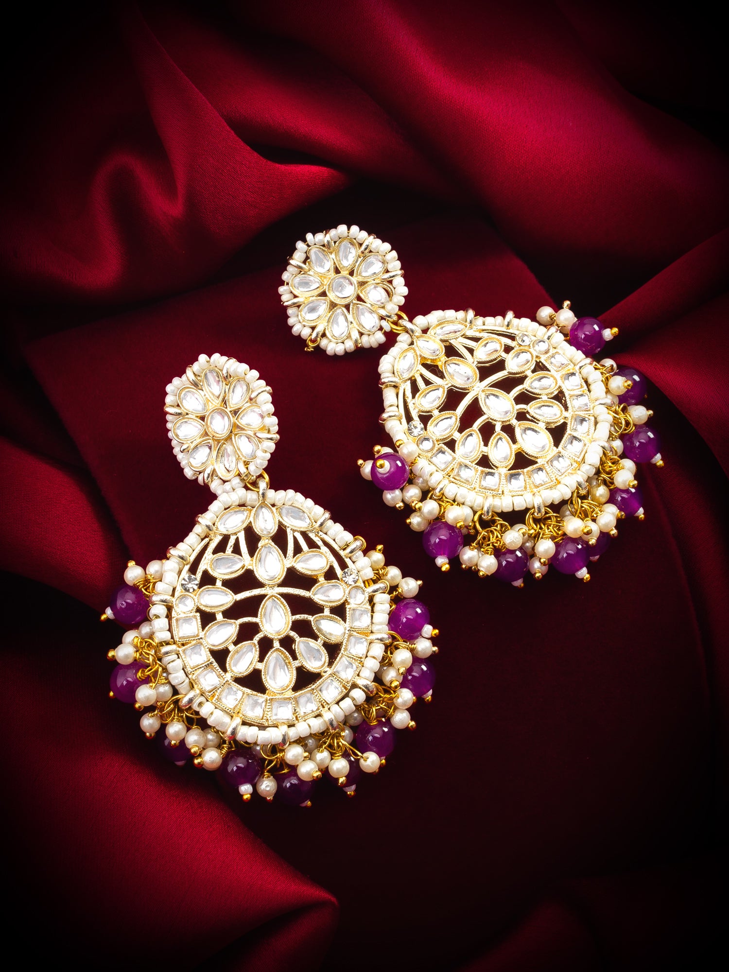 Kundan Chandbali Earrings with Purple Beads and Pearl Cluster Drops – View 4 | Aadita Jewelry