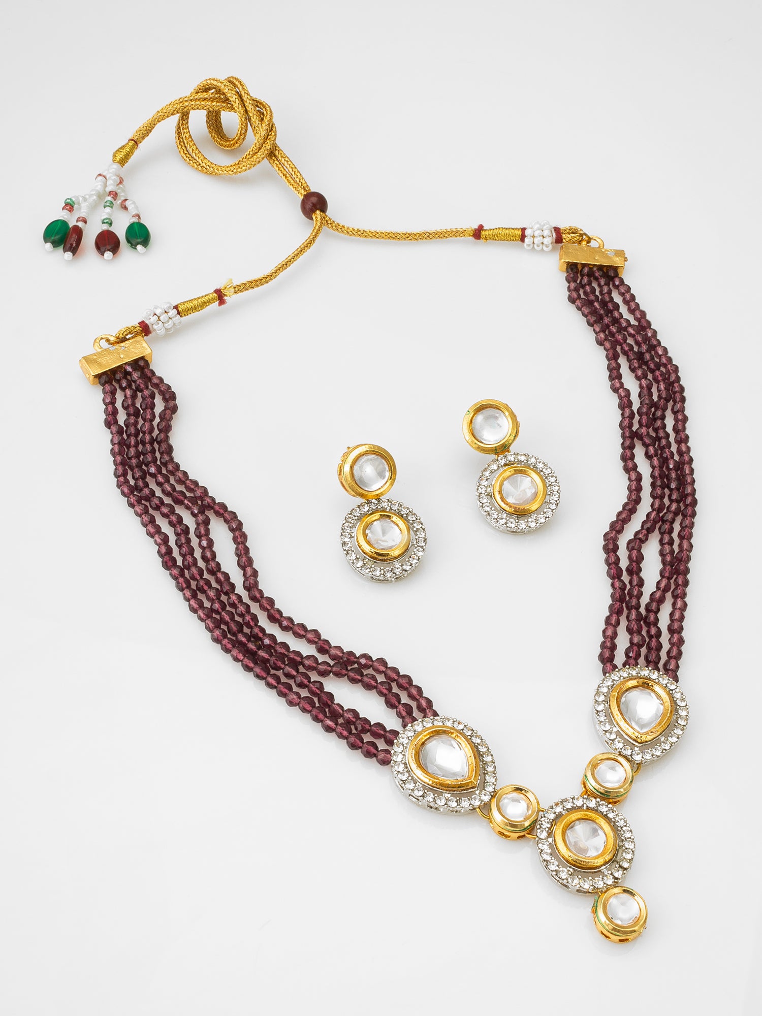 Classic Maroon Beaded Kundan Necklace Set with AD Stud Earrings | Aadita Jewelry