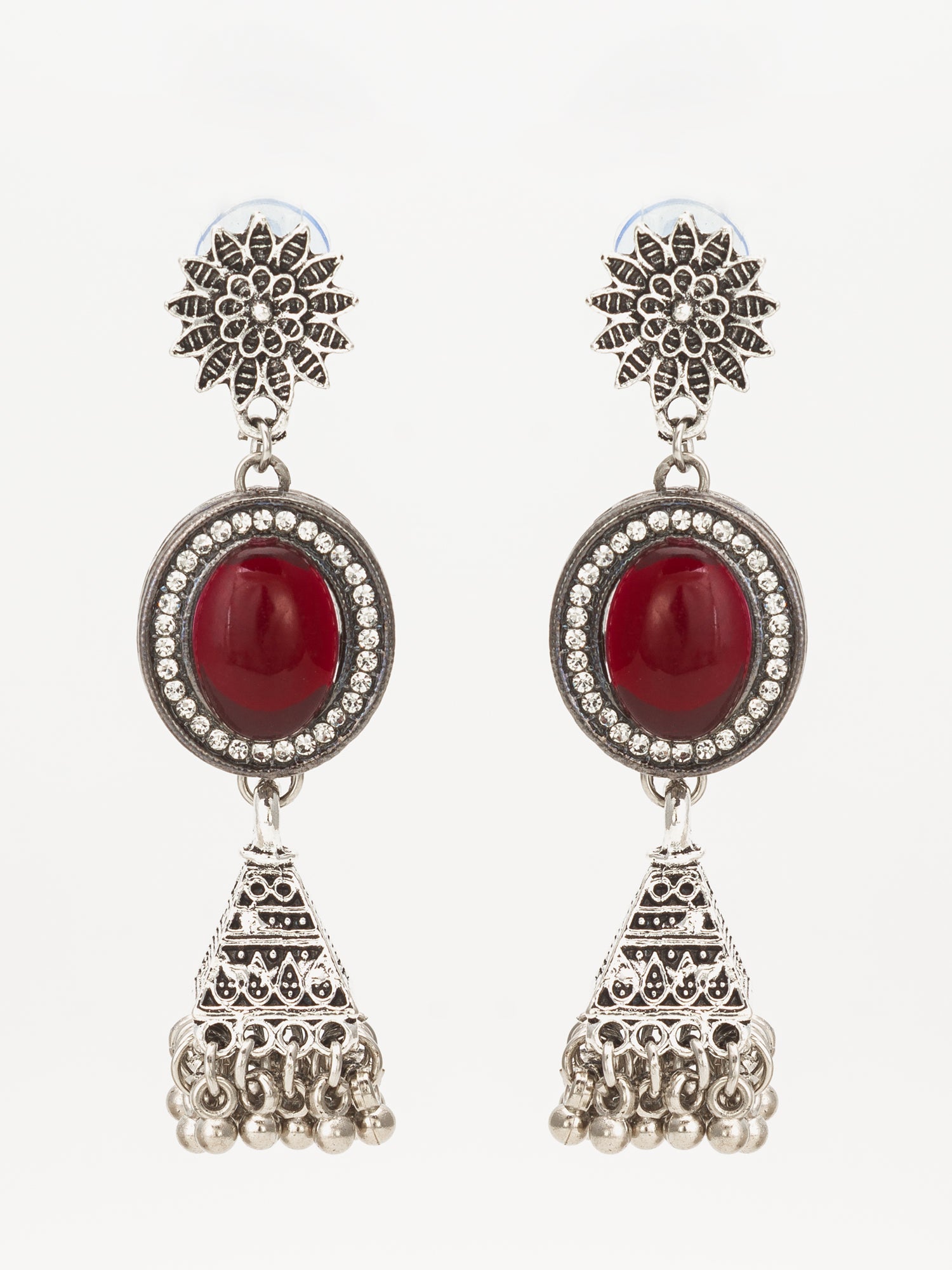 Oxidized Silver Jhumka Earrings with Stone | Aadita Jewelry