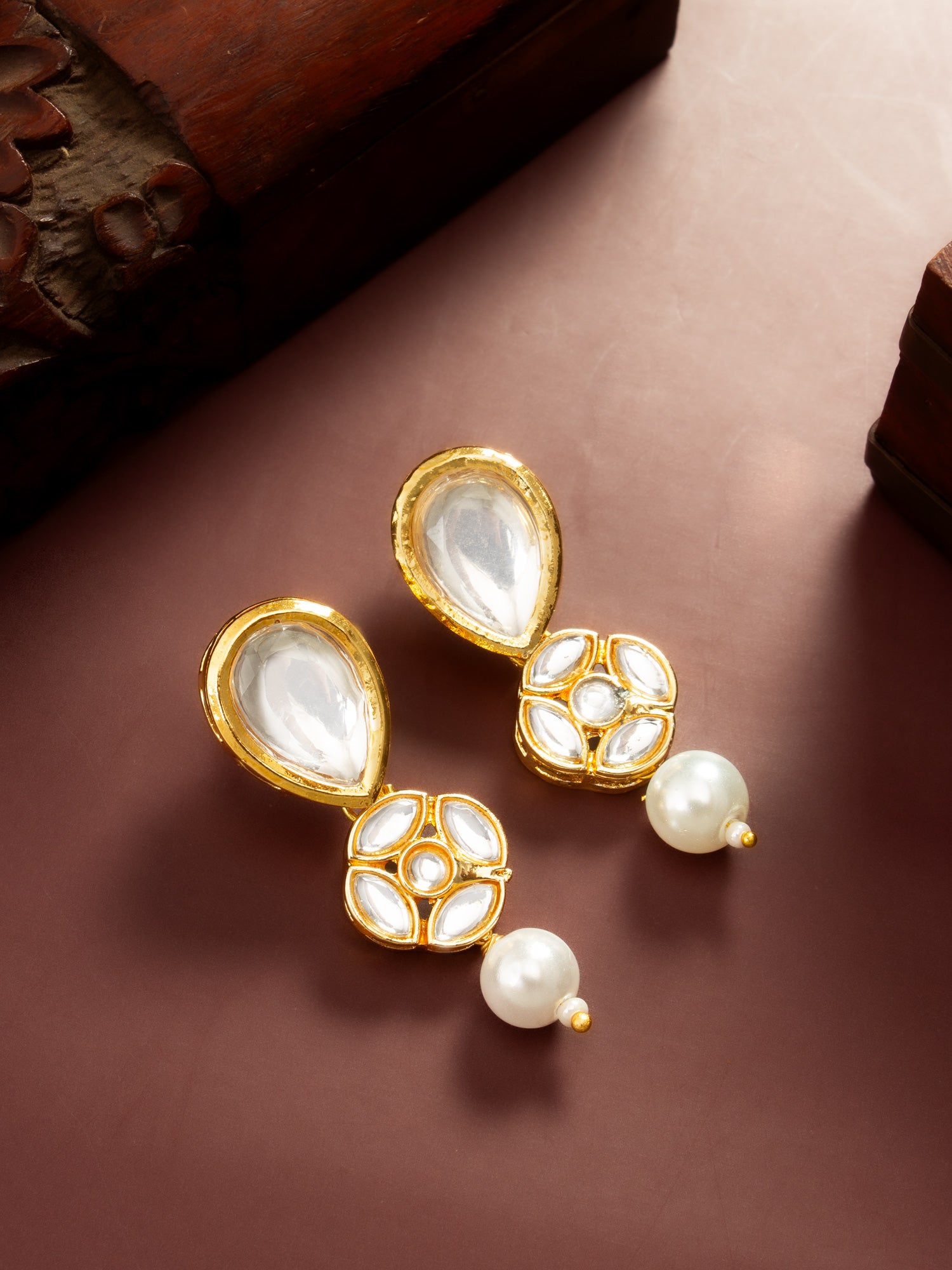 Gold Plated Long Pear Drop Earrings with Pearl Dangle – View 5 | Aadita Jewelry