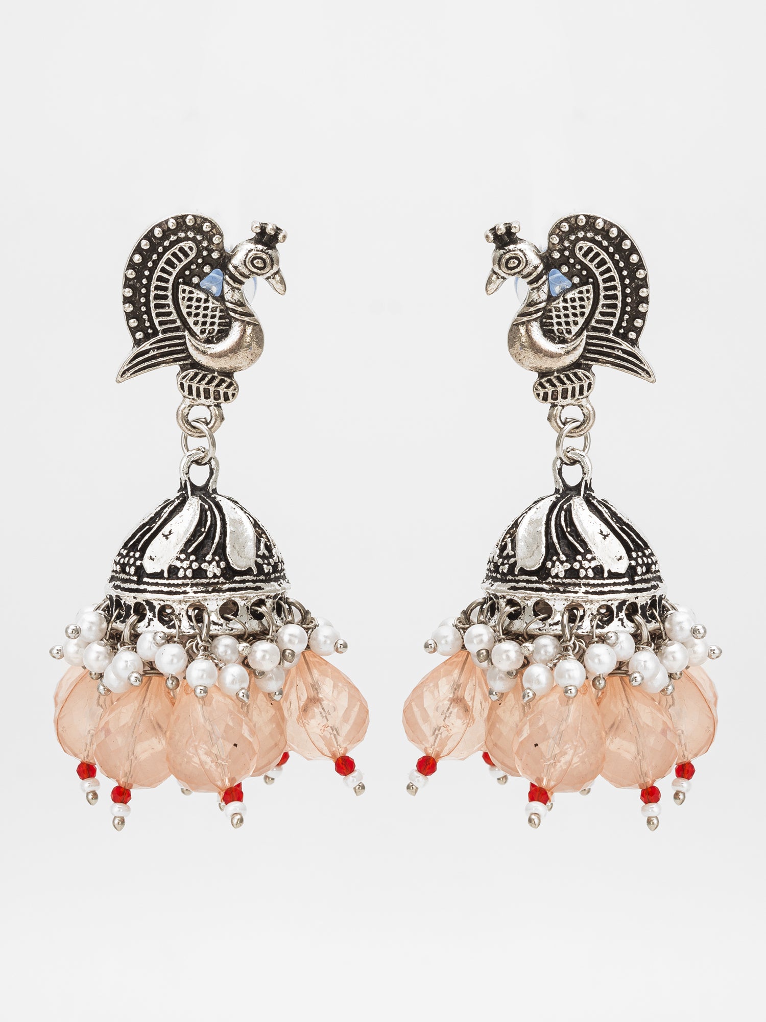 Oxidized Silver Peacock Jhumka Earrings with Peach Crystal Beads | Aadita Jewelry