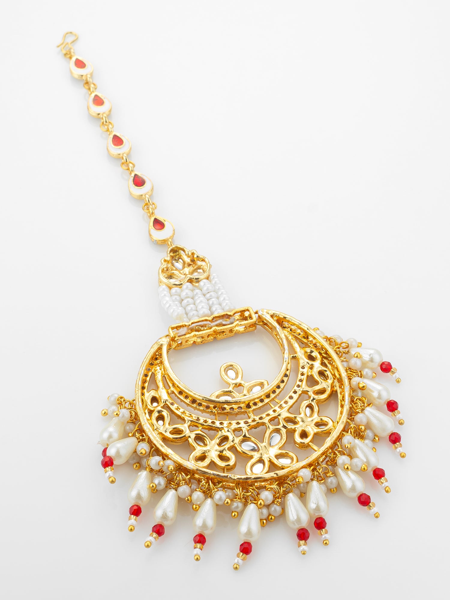 Aadita Gold Plated Kundan Chandbali Maang Tikka with Pearl and Red Crystal Drops – View 4 | Aadita Jewelry