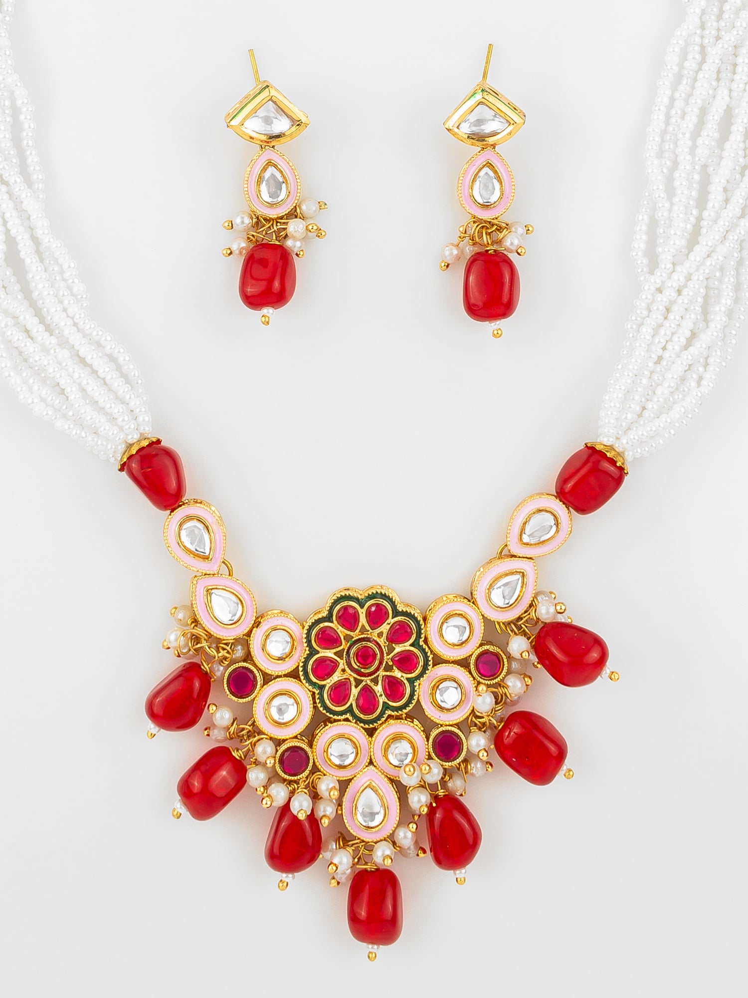 Gold Plated Red & White Kundan Beaded Necklace Set for Women – View 4 | Aadita Jewelry