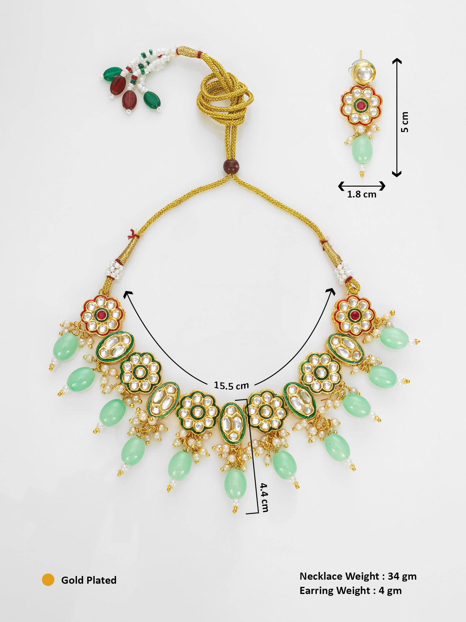 Gold Plated Mint Green Kundan Necklace Set for Women – View 5 | Aadita Jewelry