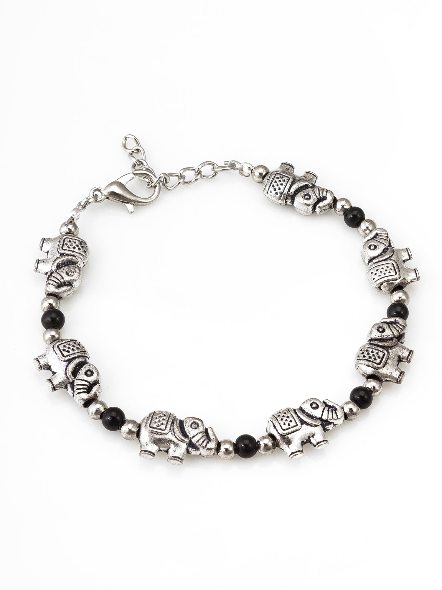Oxidized Silver Elephant Charm Bracelet with Black Beads | Aadita Jewelry