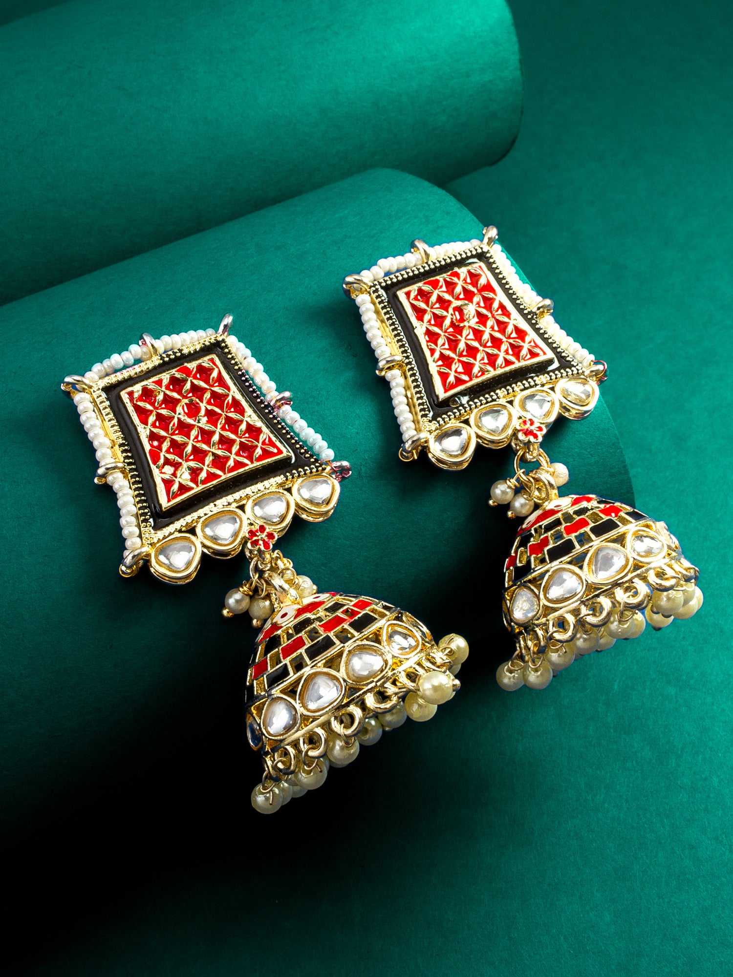 Red Enamel Kundan Pearl Jhumka Earrings – View 4 | Aadita Jewelry