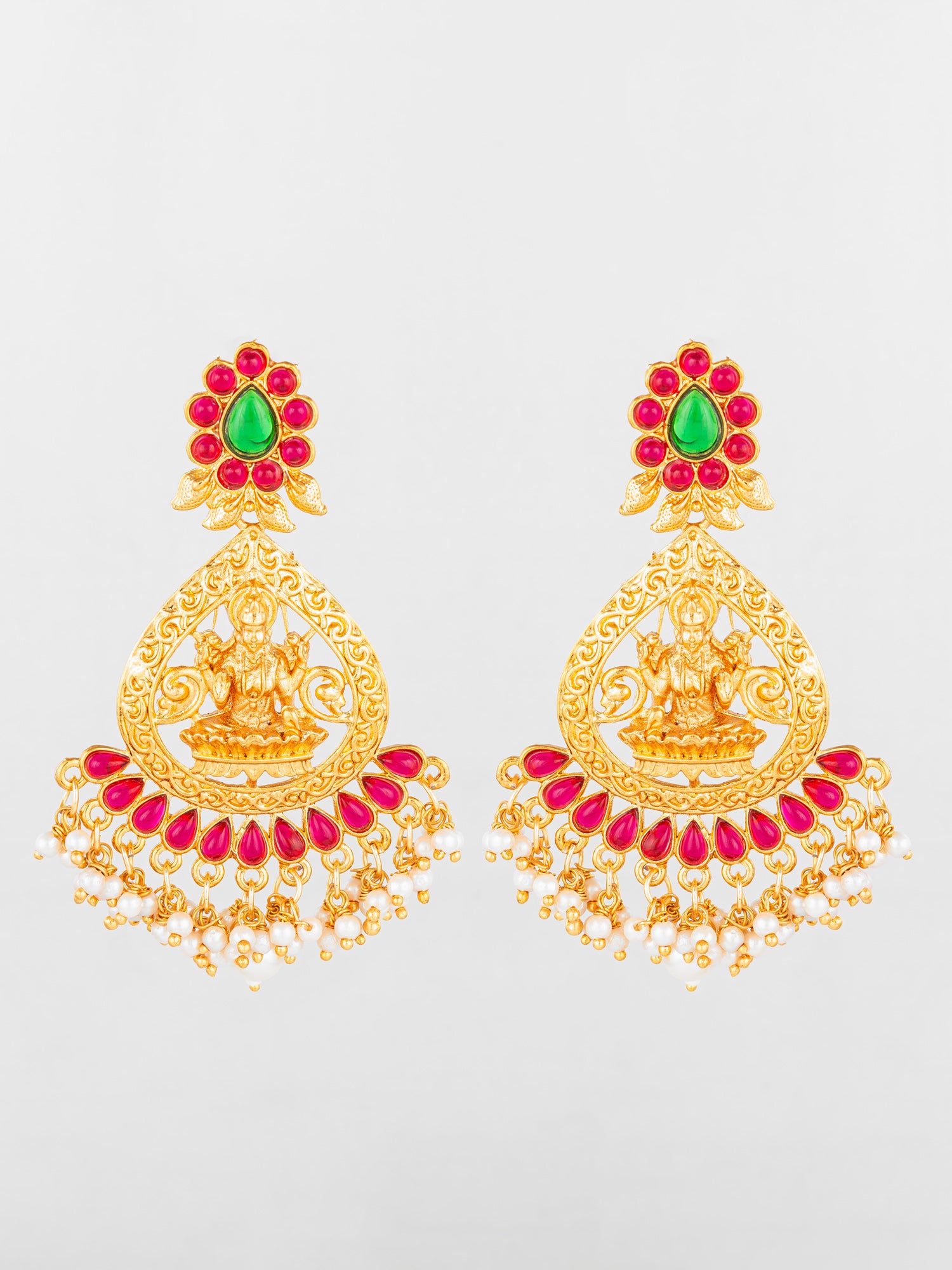 Aadita Temple Design Gold Plated Earrings with Green & Red Stones | Aadita Jewelry